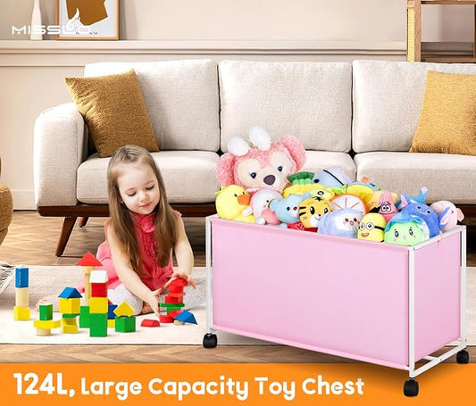 MISSLO Large Kids Toy Box for Girls with Wheels Toy Chest for Toddlers Toy Storage Organizer Big Toy Bin, 124L, Pink