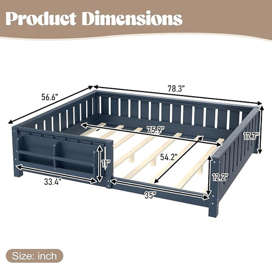 Bellemave Full Size Floor Bed with Slats and Guardrails, Full Size Montessori Floor Bed with Bookcase and Fence, Low Profile Montessori Beds for Kids, Blue Floor Beds Frame
