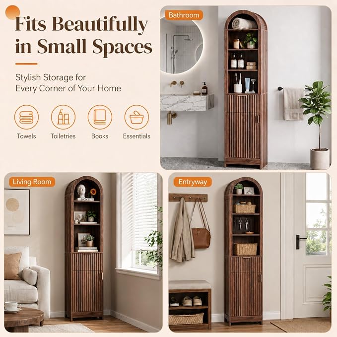 VINGLI Tall Bathroom Storage Cabinet, 66.9" Freestanding Narrow Linen Cabinet with Arched Open Shelves, Drawer & Door, Slim Skinny Wood Cabinet for Bathroom, Living Room, Entryway, Dark Walnut