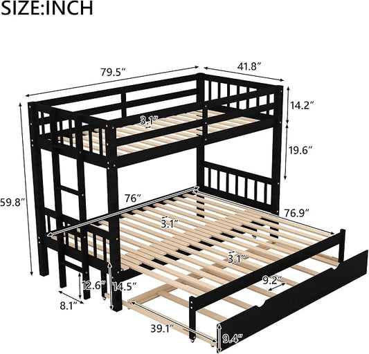 Extendable Bunk Bed with Trundle, Twin Over Double Twin Bunk Bed Frame, Upgraded Version Wooden Bunk Bed with Trundle, Pull-Out Bunk Bed Frame Can Be Extendable, No Spring Box Needed, Espresso