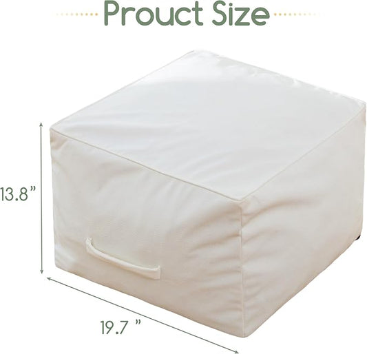 HIGOGOGO Square Stuffed Pouf Ottoman, Pu Leather Poufs with Foam Chunk Filling, Furry and Fluffy Pouf Foot Stool Storage Ottoman,20 X 14 Inches Floor Poufs Foot Rest for Living Room, Beige