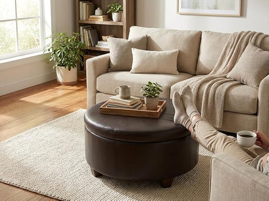 HomePop 32" Large Tufted Round Storage Ottoman - Vintage Brown Faux Leather