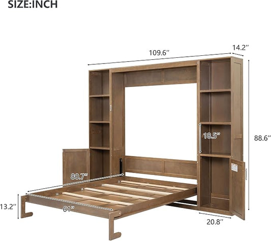Ball & Cast Murphy Bed Queen Bed Frame with Headboard,Hideaway Bedframe w/Storage Shelves and Cabinets,Wood Wall Chest,Slat Support,can be Folded,No Box Spring Needed,for Small Room,Wood