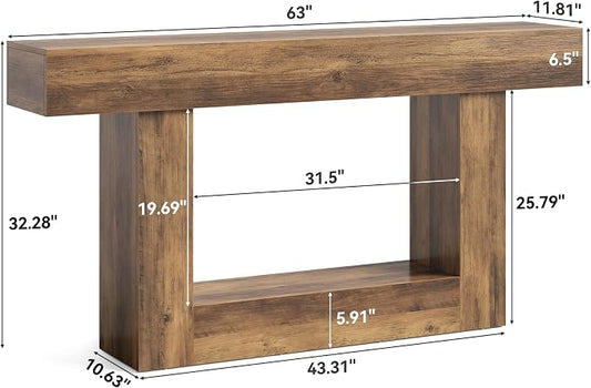 LITTLE TREE 63 Inches Long Console Table, 2-Tier Farmhouse Sofa Table Behind Couch, Large Narrow Entryway Table for Living Room, Wooden Hallway Foyer Table with Heavy Duty Base, Rustic Brown