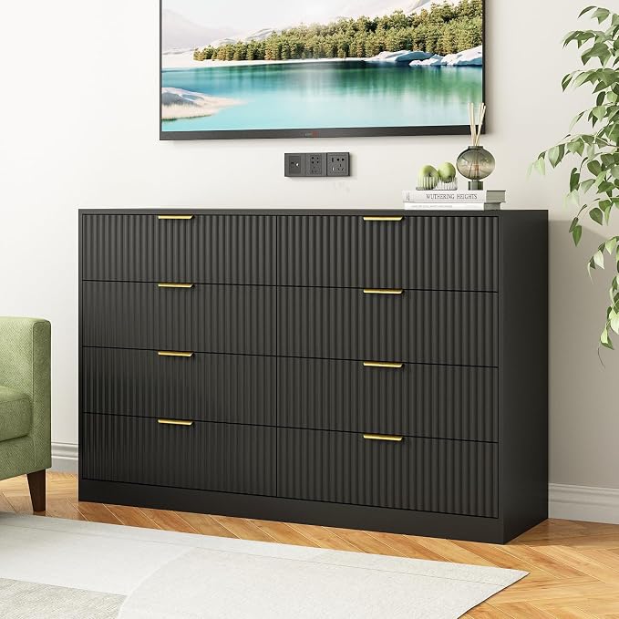 7 Drawer Dresser and Nightstand Sets for Bedroom, 3 Pcs Bedroom Set,Night Stand Set of 2 & 7 Drawer Dresser with Gold Handles, Modern Wood Chest of Drawers Storage Cabinet Set, Black
