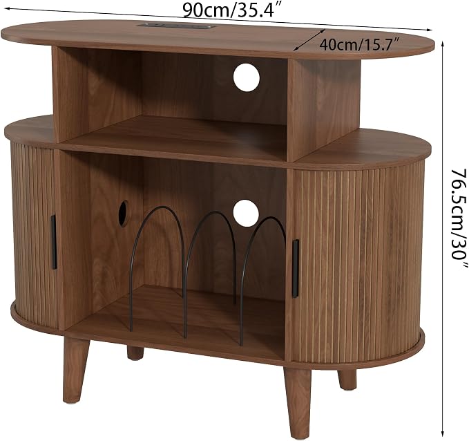 LUVIOHOME Large Round Record Player Stand with Charging Station & USB Ports,Record Storage Cabinet, Mid Century Modern Turntable Stand for Bedroom Living Room (Small Brown)