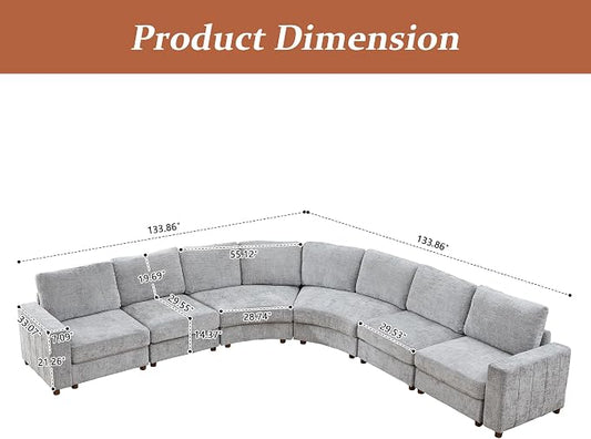 ORRD Oversized Curved Sectional Sofa, Convertible L Shaped Couch with Deep Seat, Boucle Modular Sectional Sofa with Pillows, Curved Chenille Comfy Corner 6 Seat Couch for Living Room, Grey