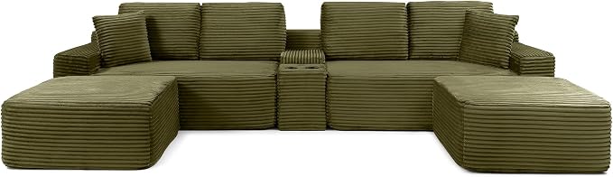 ivoros 150 Inch Modular Sectional Sofa Couch, Oversized Modern Cloud Couch for Living Room, U Shape Couches with 2 Ottomans, USB Ports and Cup Holders, Green Corduroy Boneless Sofas, Sofa in a Box