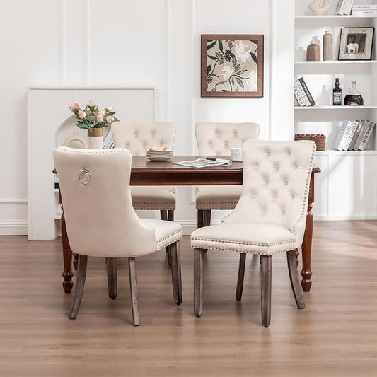 Hixkol Velvet Dining Chairs Set of 4,Upholstered Dining Chairs with Ring Pull Trim and Button Back,Modern Seating for Living Room, Bedroom, Kitchen (Beige)