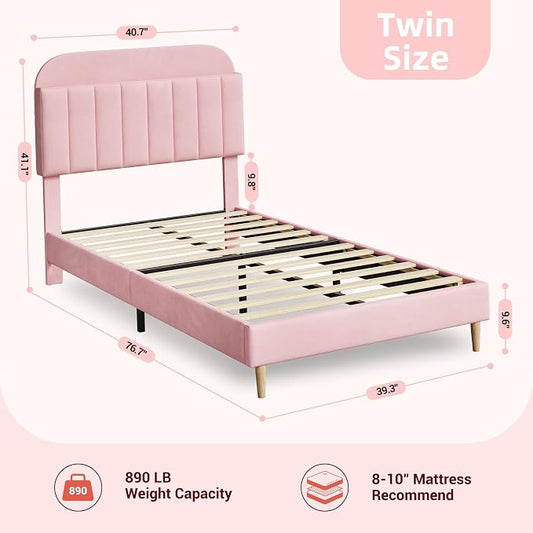 GarveeHome Twin Bed Frame with Storage Headboard, Velvet Upholstered Platform Bedframe for Kids, Girl Bed, Strong Wooden Slats, Noise-Free, Easy Assembly, No Box Spring Needed, Pink