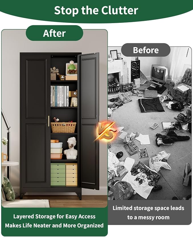 75" Tall Black Metal Storage Cabinet with 2 Doors and 4 Adjustable Shelves, Heavy Duty Steel Pantry Cabinet for Garage, Home Office, Kitchen and Laundry Room, Freestanding Utility Cupboard