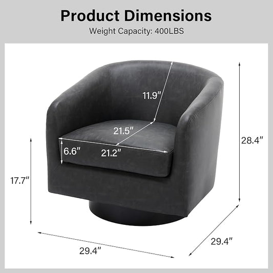 Swivel Barrel Accent Chair, Modern Round Faux Leather Arm Chair for Living Room, Bedroom, Comfy Club Reading Chairs for Adults(Faux Leather, Black, Set of 4)