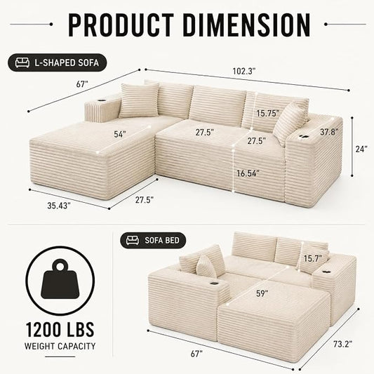 103” Cloud Sectional Couch, Convertible Boneless Couch, Modular L-Shaped Couch, Soft Friendly Fluffy Couch, No Assembly Required(Left-Facing, Beige)