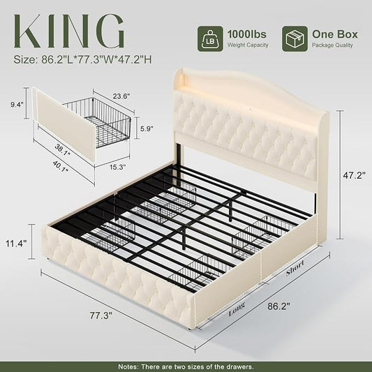 King Size Bed Frame and Headboard & 4 Storage Drawers, Upholstered Platform Bed Frame with RGB LED Lights & Charging Station, No Box Spring Needed, Easy Assembly, Noise-Free, Beige