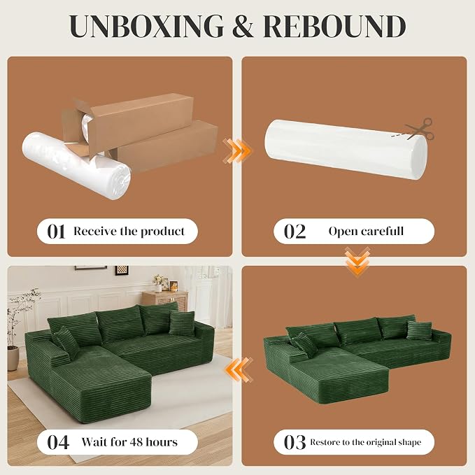 108" L Shaped Cloud Boneless Sectional Couches for Living Room, Modern Comfy Modular Deep Seat Memory Foam Compressed Corduroy Sofa Oversized Left Facing Chaise, No Assembly Required, Green