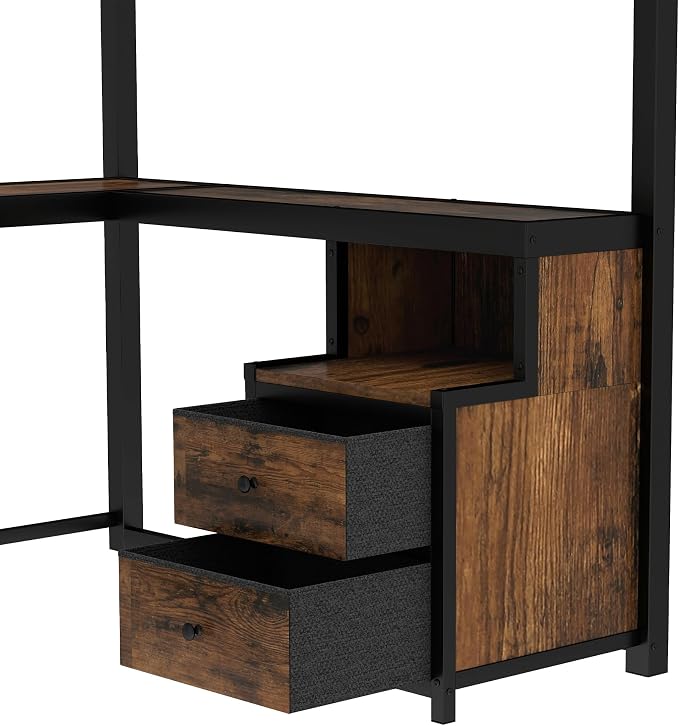Bellemave Queen Loft Bed with Desk & Storage Fabric Drawers & Shelves, Heavy Duty Metal Frame Loft Bed for Adults & Teens, Space Saving Bed for Apartments & Dorm, No Box Spring Needed, Black