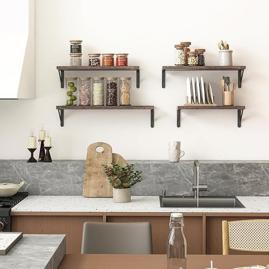 YGEOMER Wall Shelves, 4pcs Different Sizes Dark Carbonized Brown Floating Shelves for Decor