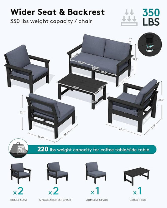 SERWALL HDPE Patio Conversation Set, 6-piece Sectional Outdoor Furniture Set, All Weather Outdoor Couch Set Patio Furniture Set for Deck, Lawn, Black Frame with Grey Cushion