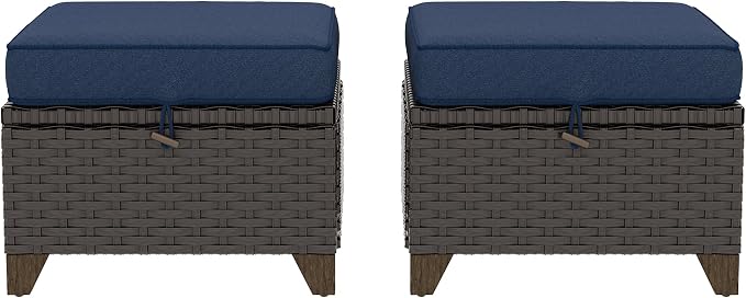 2 Pieces Patio Outdoor Ottomans with Removable and Washable Covers,PE Rattan Wicker Footstools for Porch, Garden, Sunroom (Navy Blue)