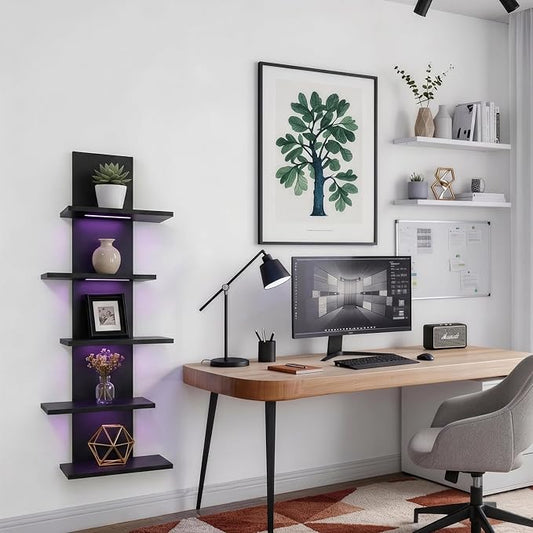 VIWODS 5 Tier Wall Shelf Unit-Black Floating Shelves with Light for Home Decor, Modern Unique Asymmetric Design for Bedroom & Living Room Storage