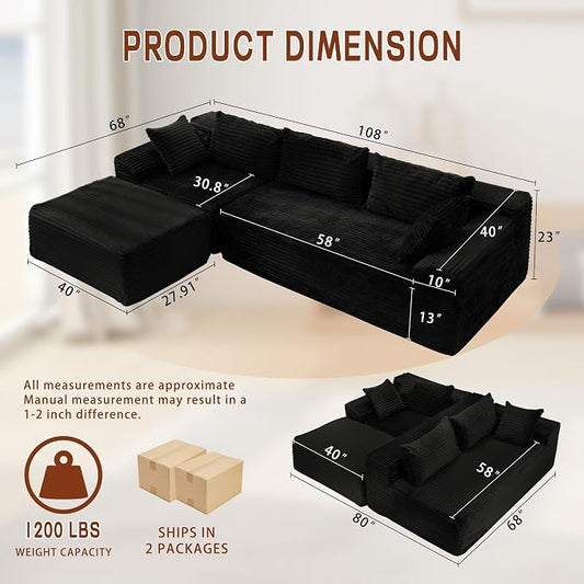 Korser 108" L-Shaped Modular Sectional Sofa with Chaise, Boneless Comfy Corduroy Fluffy Couch with Deep Seat and Side Pockets, Flexible Module Combination for Living Room, No Assembly, Side Pockets