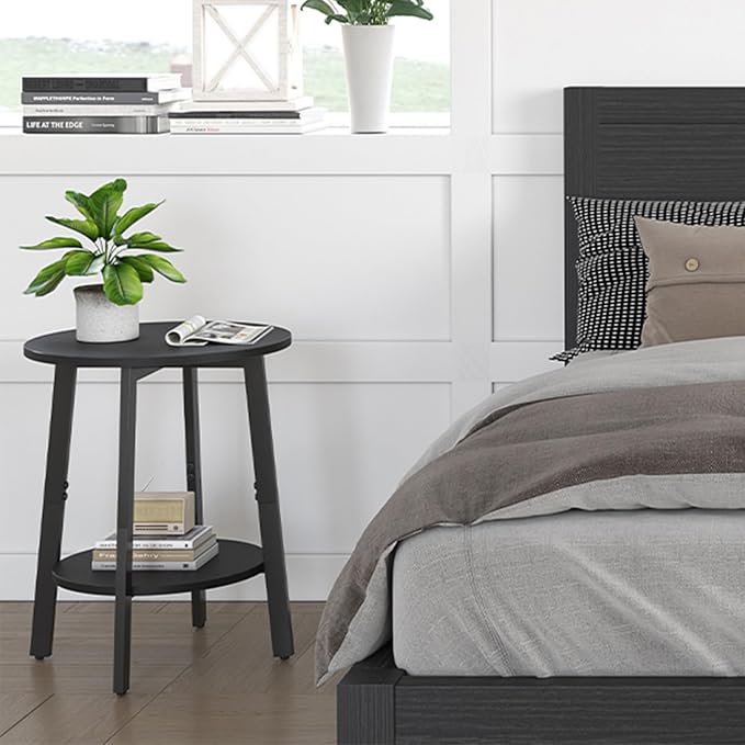sthmec Side Table, Small Round End Table with Storage Shelf for Small Space, 2-Tier Black Bedside Table Sofa Couch Table, Round Accent Table Nighstands for Living Room, Bedroom, Black