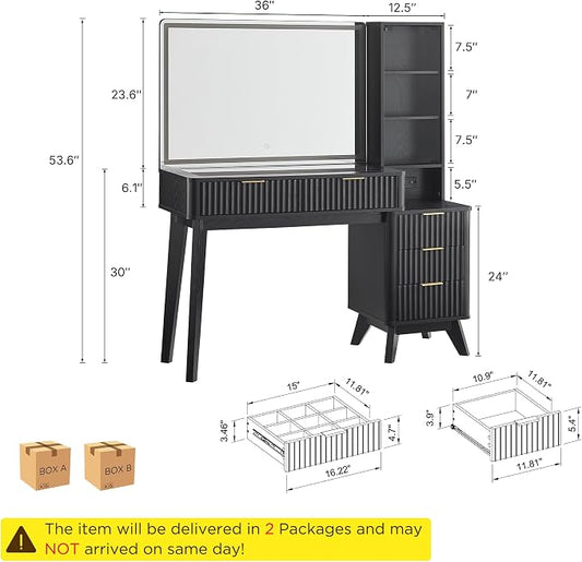 T4TREAM 48" Fluted Makeup Vanity Desk with Large 36" Mirror and Lights, Modern Glass Top Big Vanity Table w/5 Drawers & Adjustable Shelves, Dressing Table w/Charging Station for Bedroom, Black