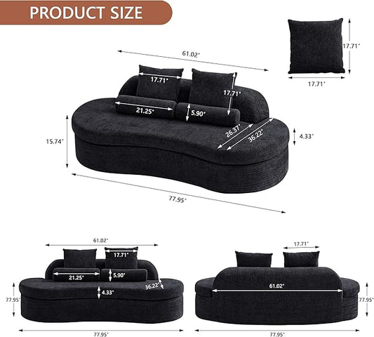 AVZEAR 78" Curved Loveseat Sofa, Chenille Upholstered 2 Seater Couch for Living Room, No Assembly Modern Love Seat Cloud Sofa with 2 Bolster Pillows & 2 Square Pillows, High-Density Foam, Black