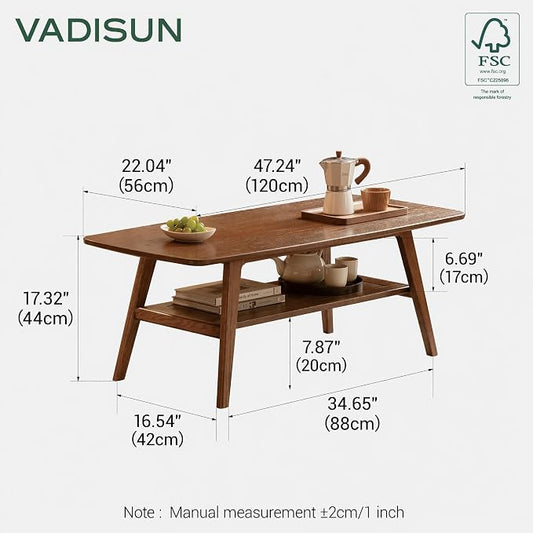 100% Solid Wood Coffee Table for Living Room, Mid Century Modern Small Tables with Shelf Storage, Storage Coffee Table with Rounded Corners (Oak Wood Walnut Color, 47.24" L)