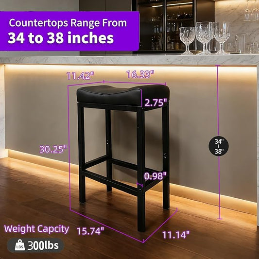 Bar Stools Set of 2, 30 Inch Backless Counter Height Bar Stools with Soft Faux Leather Seat, 300 LB Heavy Duty Padded Saddle Barstool Chair for Modern Kitchen Island Counter (Black)
