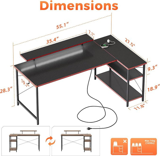 Mericonia Small L Shaped Computer Desk with Power Outlets, Reversible Gaming Desk with Storage Shelves & Monitor Stand, Corner Gamer Desk Table, Study Writing Table