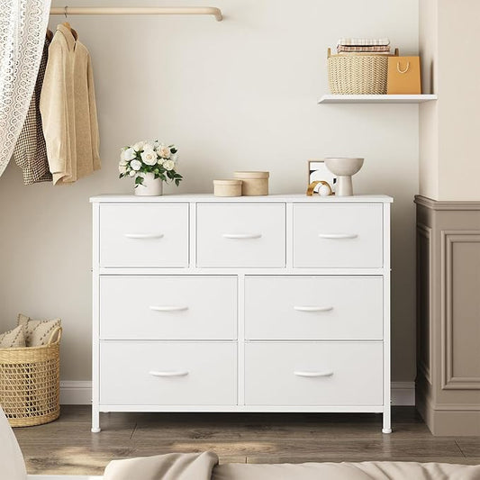 OLIXIS 7 Drawer Closet Organizer Chest, Fabric Storage Tower with Sturdy Steel Frame, Wooden Top & Easy Pull Fabric Bins, Dresser for Bedroom Living Room Entryway Clothes Organization, White