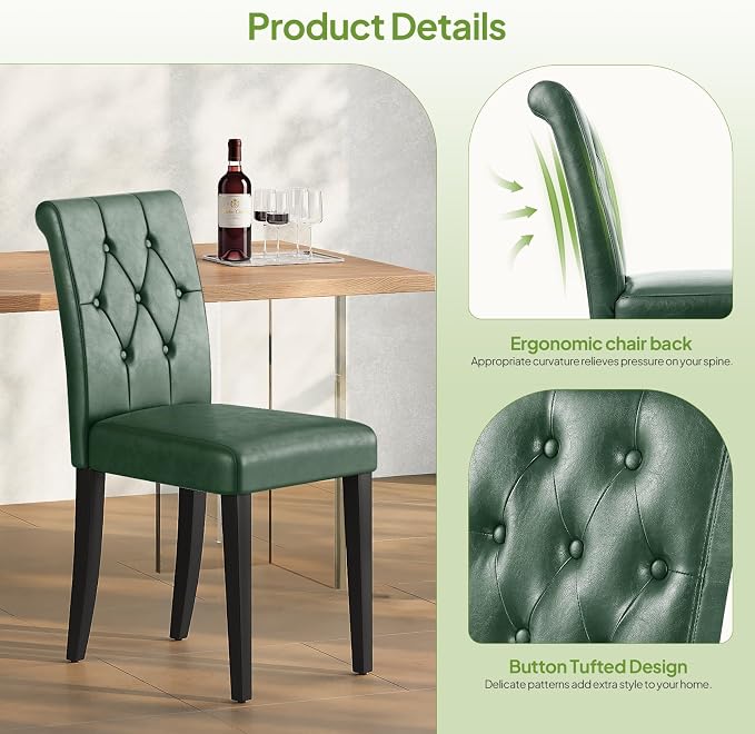Welzona Upholstered Dining Chairs Set of 4, Button Tufted Parsons Dining Chair with Solid Wood Legs, Modern PU Leather Side Chair for Dining Room/Kitchen/Restaurant/Hotel- Green
