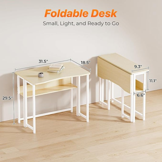 Huuger Folding Desk with Storage Shelf, 31.5 Inch Foldable Computer Table for Small Spaces, Space Saving Sofa Table for Couch, Writing Work Office Computer Desk, Easy to Fold, Oak