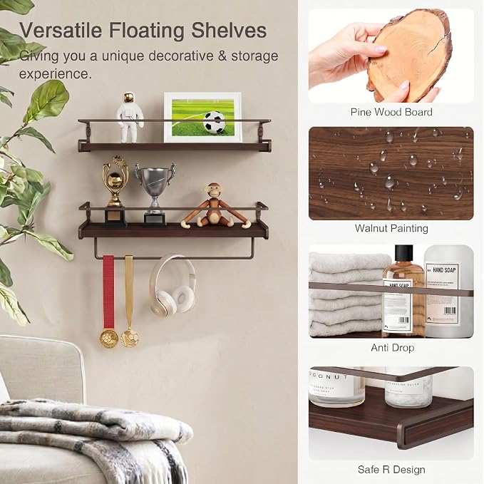 Forbena Dark Brown Kitchen Shelves Wall Mounted Set of 2, Walnut Brown Floating Kitchen Wall Shelves with Rail, Hanging Shelves for Kitchen Wall Coffee Bar (Wooden Pine Wood)