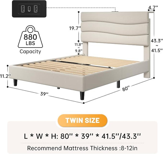 EnHomee Twin Size Bed Frame with Adjustable Height Headboard, Noise-Free Upholstered Platform Bed, No Box Spring Needed,Easy Assembly for Dorm,Beige
