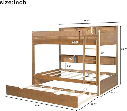 Harper & Bright Designs Rustic Wood Bunk Bed with Pull-Out Trundle, Twin Over Twin Wooden Bunk Bed with Large Cabinet Beside Upper and Down Bed, Wood