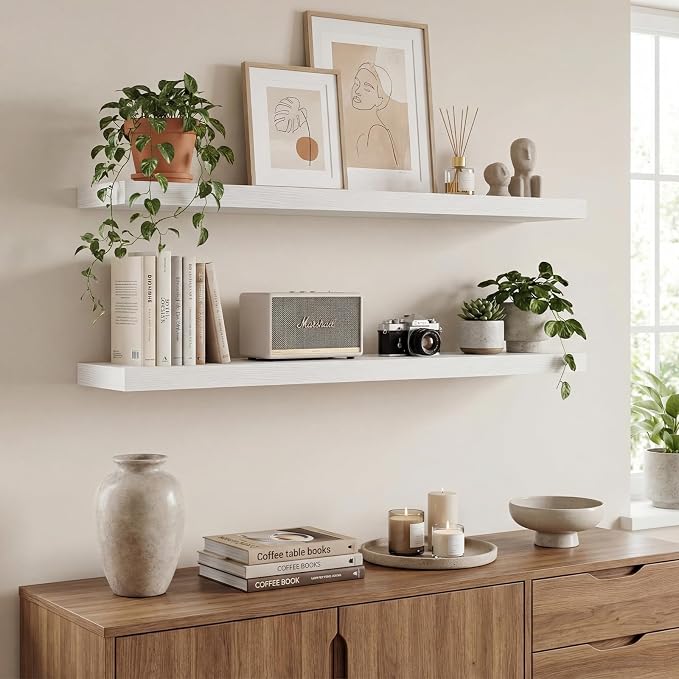White Floating Shelves Set of 2, 35.43in Wall Mounted Display Ledge Shelves for Bedroom Bathroom Living Room and Kitchen Decoration Storage