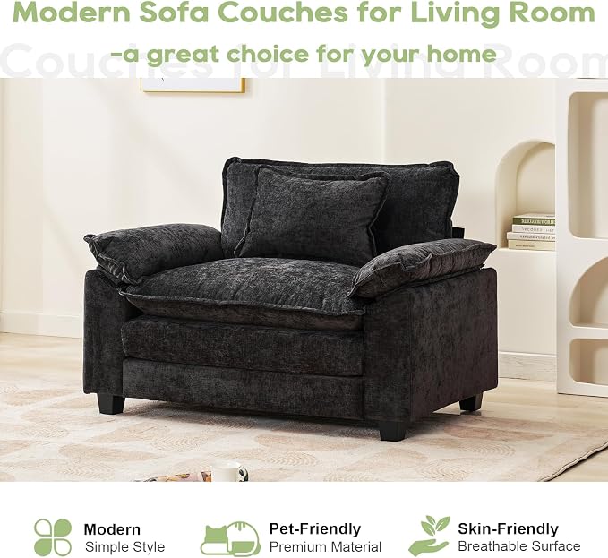 Oprisen Modular Sectional Sofa, Comfy Cloud Couch Sectional Sofa, Chenille Sofa Sleeper Deep Seat Sofa with Throw Pillows for Living Room (Black, 53"- Single Seat)