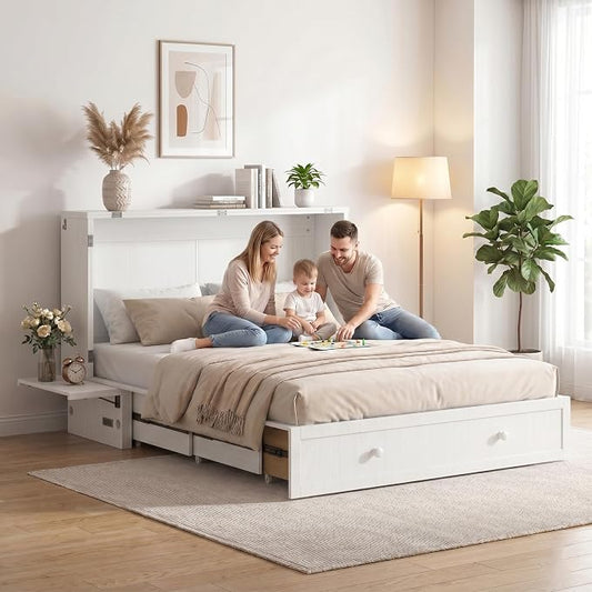 Mjkone Murphy Bed Queen Cabinet Bed with Tri-fold Mattress and Built-in USB Charging, 2 Drawers, Bedside Panel, Hidden Guest Beds, Murphy Cube Chest Cabinet Beds for Bedroom, Apartment - White