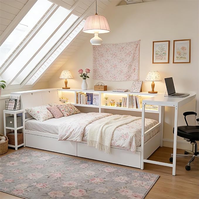 Bellemave Queen Corner Bed Frame with Storage Bookcase & 2 Drawers, Modern Metal Queen Daybed with LED Lights & Charging Station, Reversible Queen Size Corner Bed with Desk for Space-Saving, White