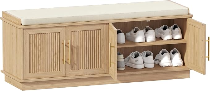 Akxomel Fluted Shoe Storage Bench with Cushion, 47.2" Entryway Bench with Adjustable Shelves and 4 Doors, Shoe Cabinet Bench with Curved Profile, for Hallway, Living Room, Bedroom, Natural Oak