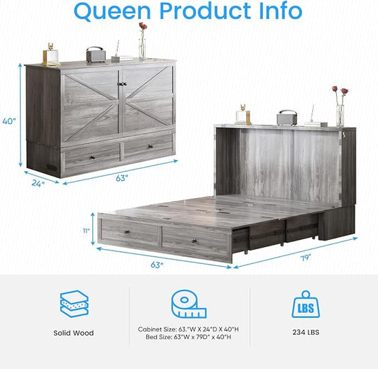 PUREMIND Queen Murphy Bed Cabinet with Storage Drawers, Bedroom Cabinet Beds with USB Charging Station, Murphy Chest Bed with Storage Drawers, Horizontal Wallbed for Guest Room, No Mattress