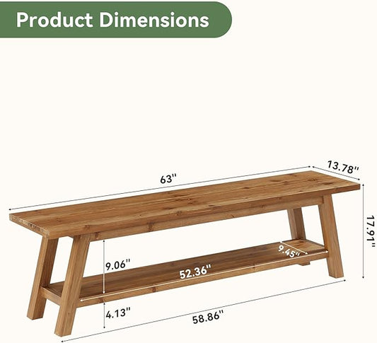 Solid Wood Entryway Bench with Shoe Storage Shelf, 62.99" Long Rustic Hallway Shoe Bench, Natural Wood Mudroom Window Seating, 400 lbs Capacity