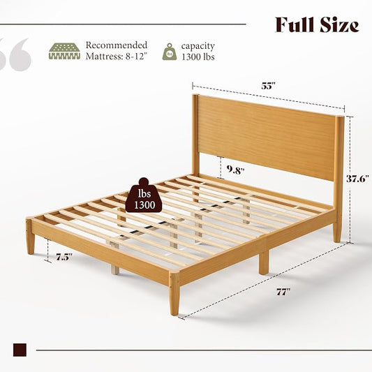AMERLIFE Solid Wood Full Size Bed Frame, Mid Century Modern Platform Bed with Full Panel Headboard, Noise-Free & Cylindrical Legs, No Box Spring Needed, Under-Bed Storage, Natural Wood