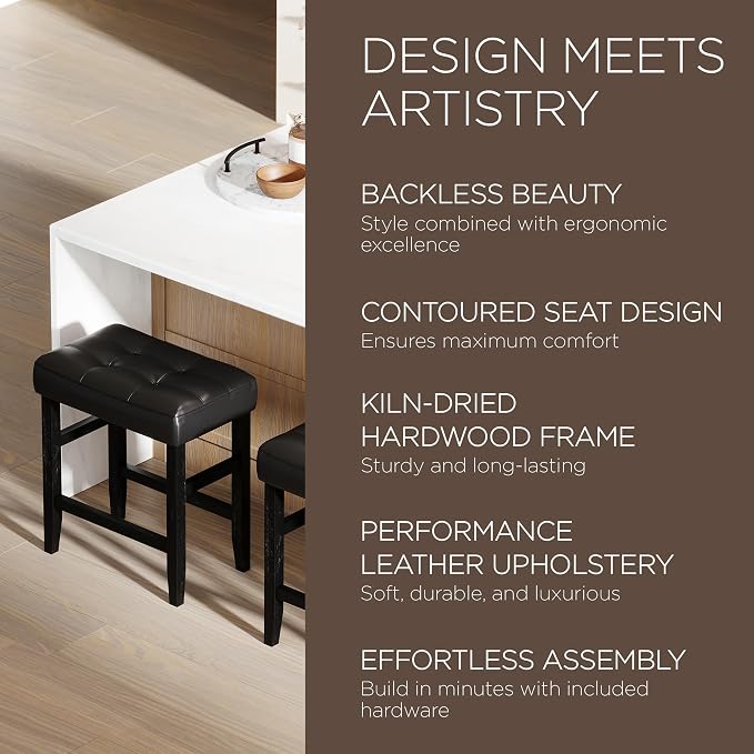 Carte: A La Carte Home Harper 26 Inch Tall Counter Height Backless Stool in Rustic Black Finish, Distressed Black Vegan Leather Upholstered Seat, Set of 2