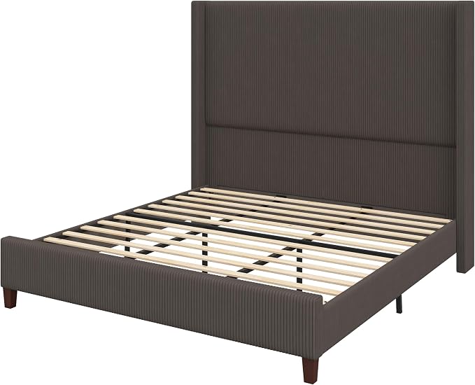 AMERLIFE King Size 62" Corduroy Upholstered Bed Frame, Luxurious Platform Bed with Extra Tall Wingback Headboard and Vertical Stripe, No Box Spring Needed/Solid Wood Slats & Legs/Chestnut