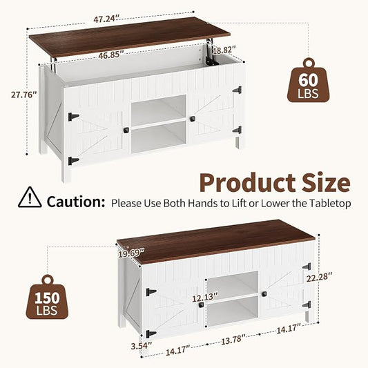 47.3“ Lift Top Coffee Table with Storage - White Coffee Tables for Living Room, Farmhouse Wood Center Table, Large Rectangle Middle Tables with Hidden Compartment & Adjustable Shelf