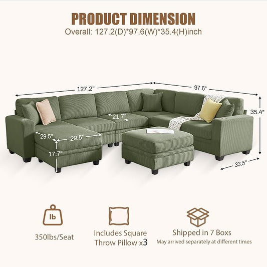 127" Modular Sectional Sofa with Storage, Corduroy 8-Seater V-Shaped Sofa with Ottoman Chaise, Convertible L-Shaped U-Shaped Cloud Sectional Couches for Living Room, Apartment