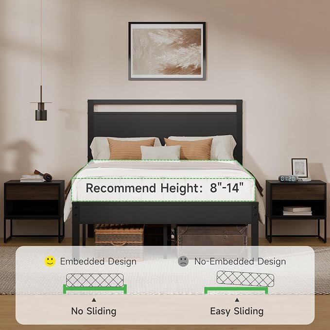 Z-hom Full Metal Bed Frame with Wooden Headboard and Footboard, Heavy Duty Platform Frame with Metal Slats, No Box Spring Needed, Quiet and Non-Slip Design, Space Saving Bed Frame for Bedroom,Black